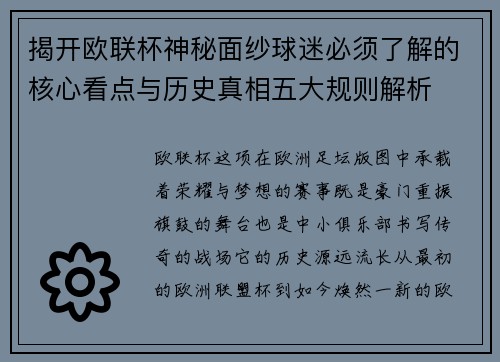揭开欧联杯神秘面纱球迷必须了解的核心看点与历史真相五大规则解析