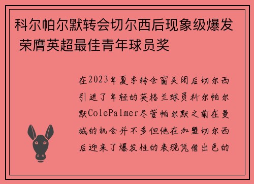 科尔帕尔默转会切尔西后现象级爆发 荣膺英超最佳青年球员奖