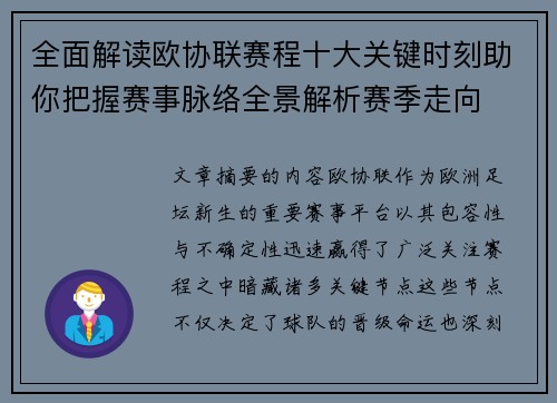 全面解读欧协联赛程十大关键时刻助你把握赛事脉络全景解析赛季走向